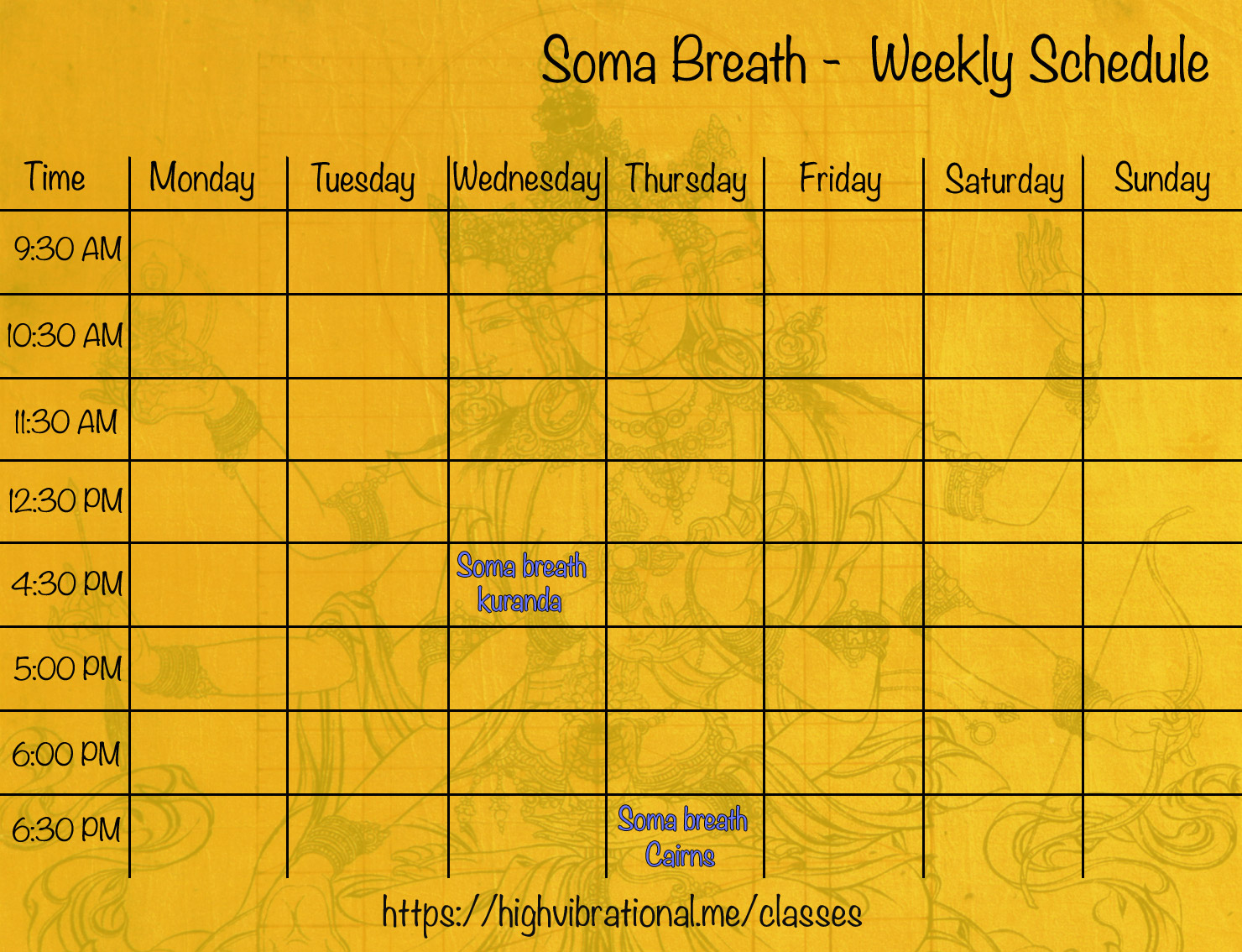 Weekly Classes Schedule Soma Breath in Kuranda and Cairns, QLD